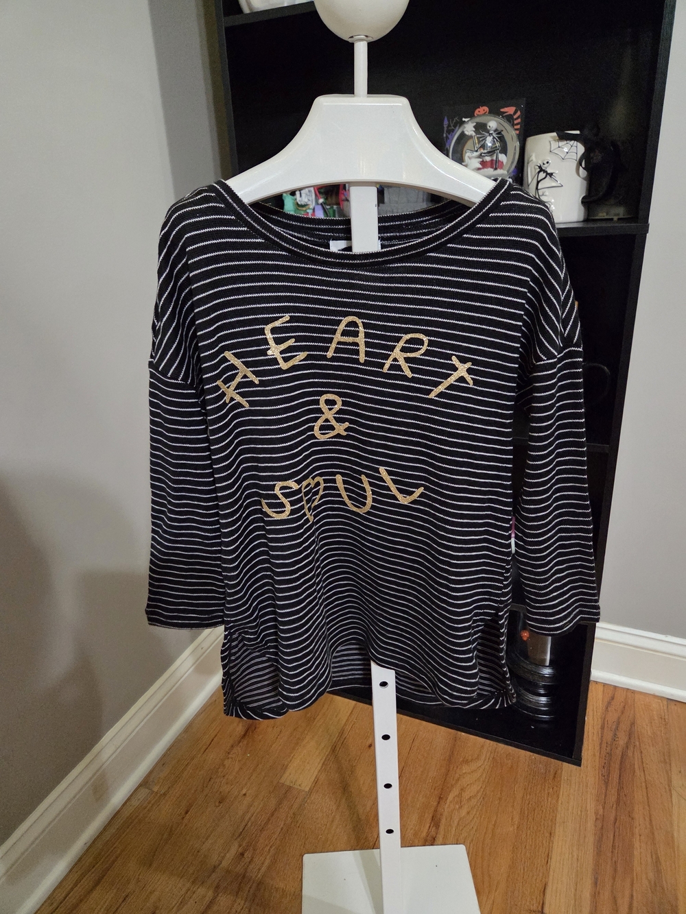 Kids Black & White Stripe Long Sleeve Top with Gold Script
